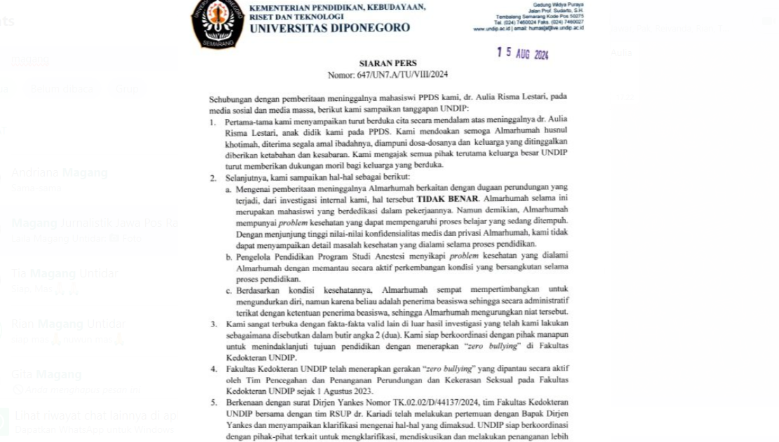 Surat klarifikasi Undip soal perundungan dokter muda yang berakhir bunuh diri.