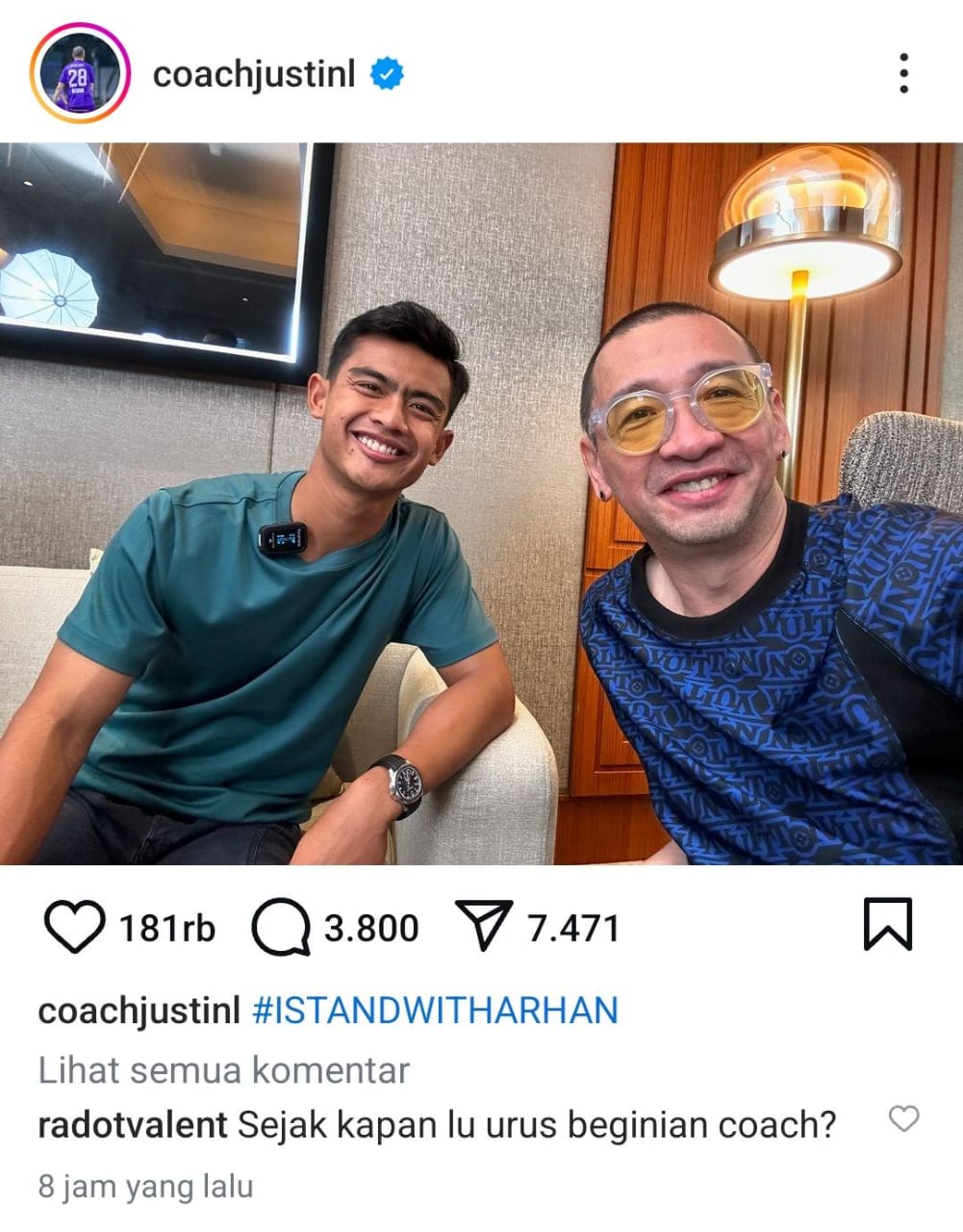 Coach Justin langsung menyerukan dukungan kepada Pratama Arhan melalui tagar #IStandWithArhan.