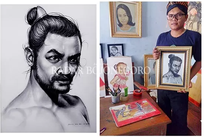 Prapto Dwi Utomo bersama sketsa gambar miliknya yang menggambarkan sosok Ronggolawe.