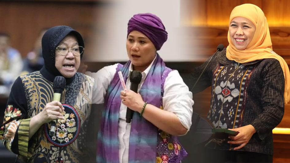 Para Srikandi yang berebut kursi Gubernur Jawa Timur, dari kiri Risma, Luluk, Khofifah.