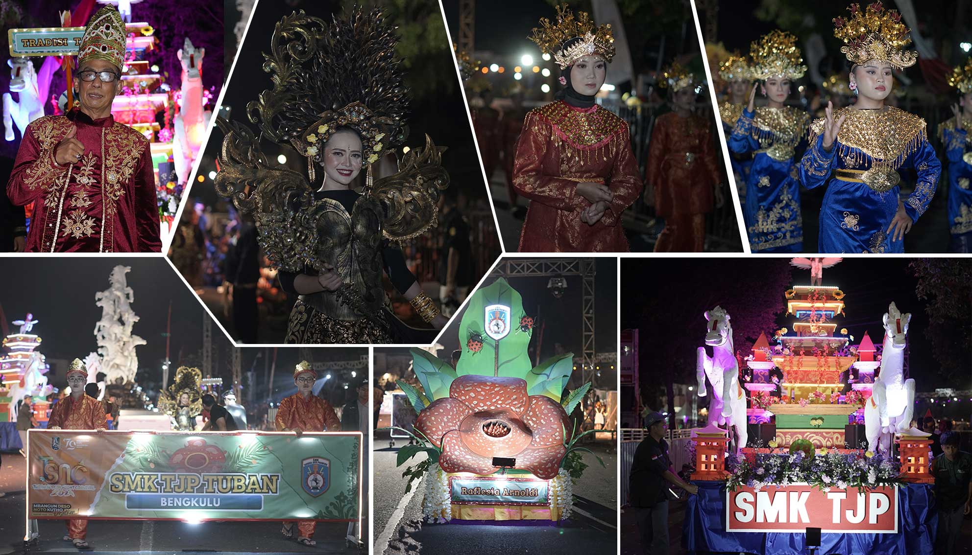 Parade keragaman budaya Provinsi Bengkulu yang ditampilkan oleh siswa-siswi SMK TJP Tuban dalam Tuban Specta Night Carnival, Sabtu malam (31/8).