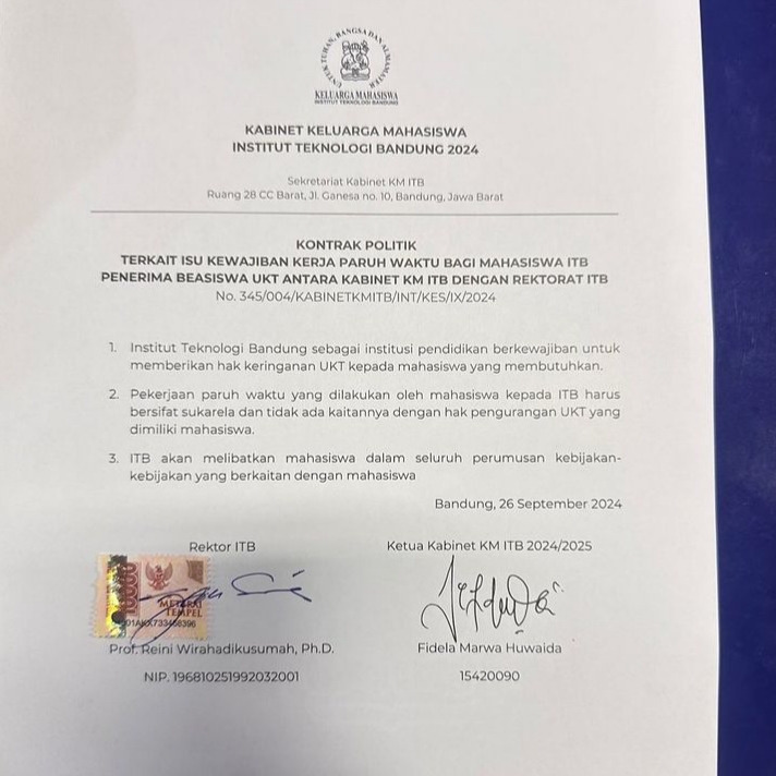 Surat kesepakatan antara mahasiswa dan Rektor ITB terkait kerja paro waktu.
