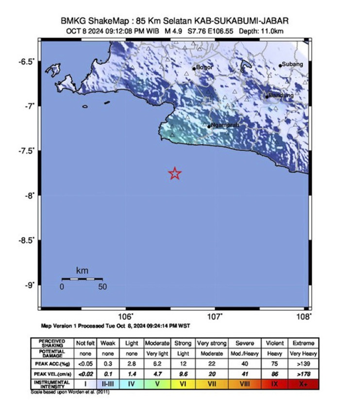 Peta peringatan gempa dari BMKG.