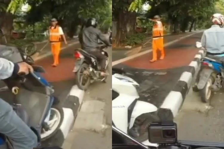 Video viral petugas PPSU tegur pengendara motor naik trotoar.