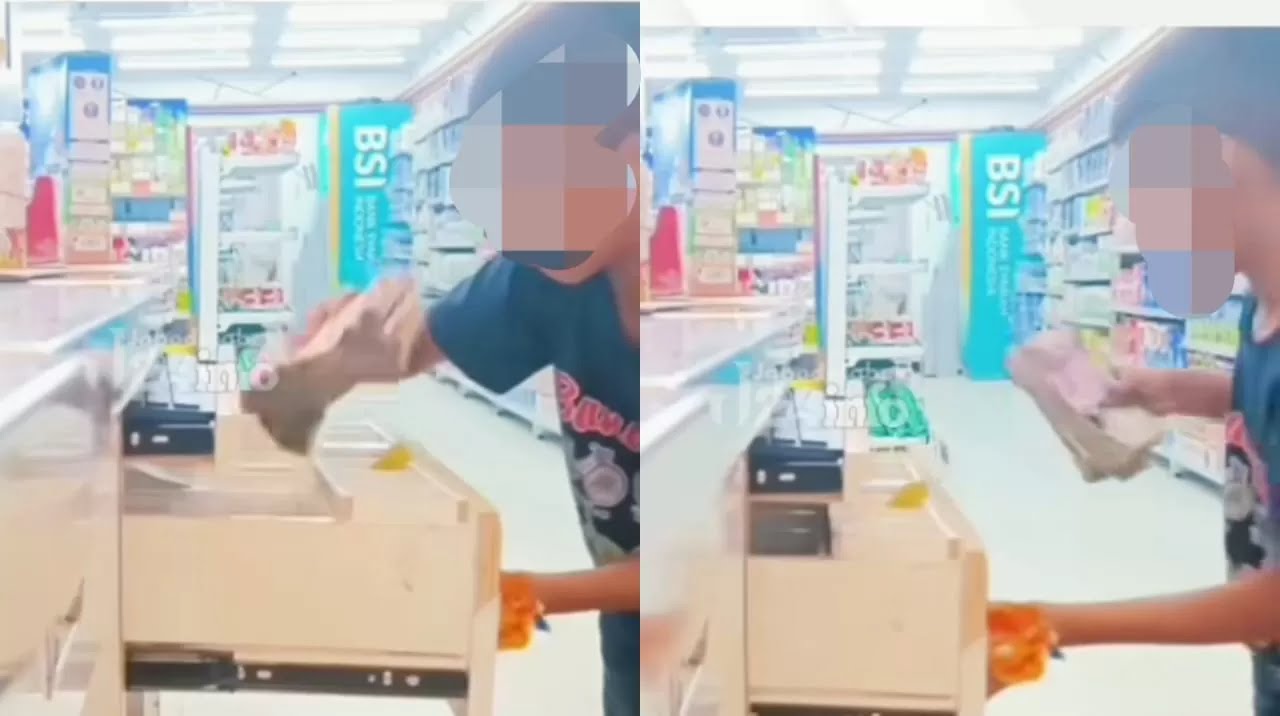 Rekaman video bocah mencuri uang di kasir minimarket.