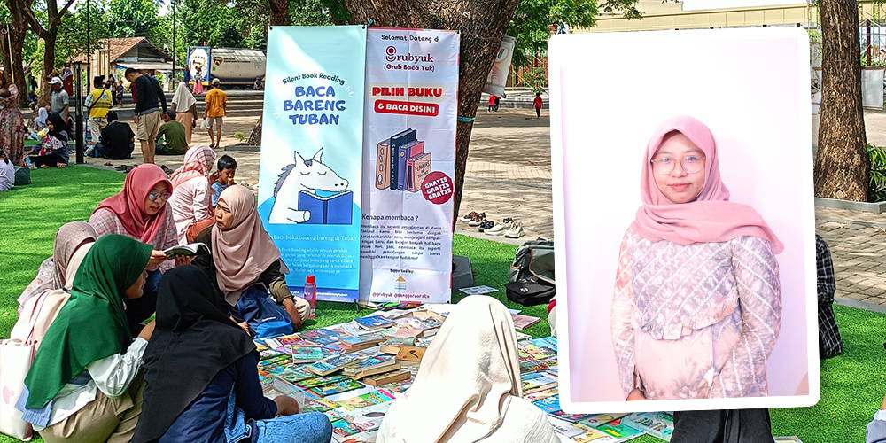 Kegiatan Silent Book yang digelar komunitas Baca Bareng Tuban di Taman Hutan Kota Abhipraya saban hari Minggu. Insert, Maftukhatul Qomariyah Virati, penggagas komunitas Baca Bareng Tuban.