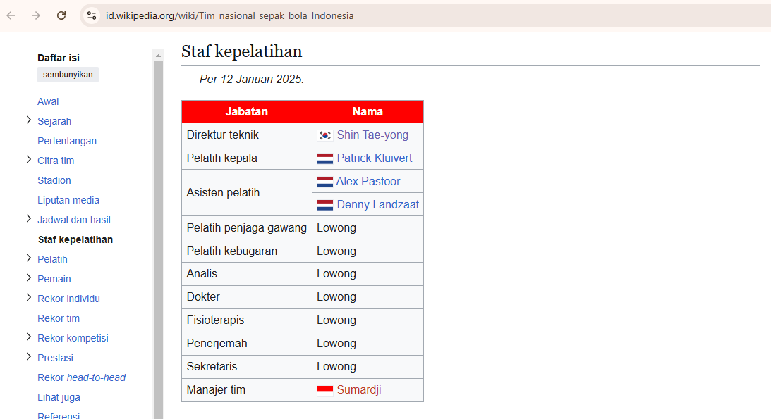 Wikipedia update 12 Januari 2025 menyebut Shin Tae Yong sebagai Direktur Teknik.