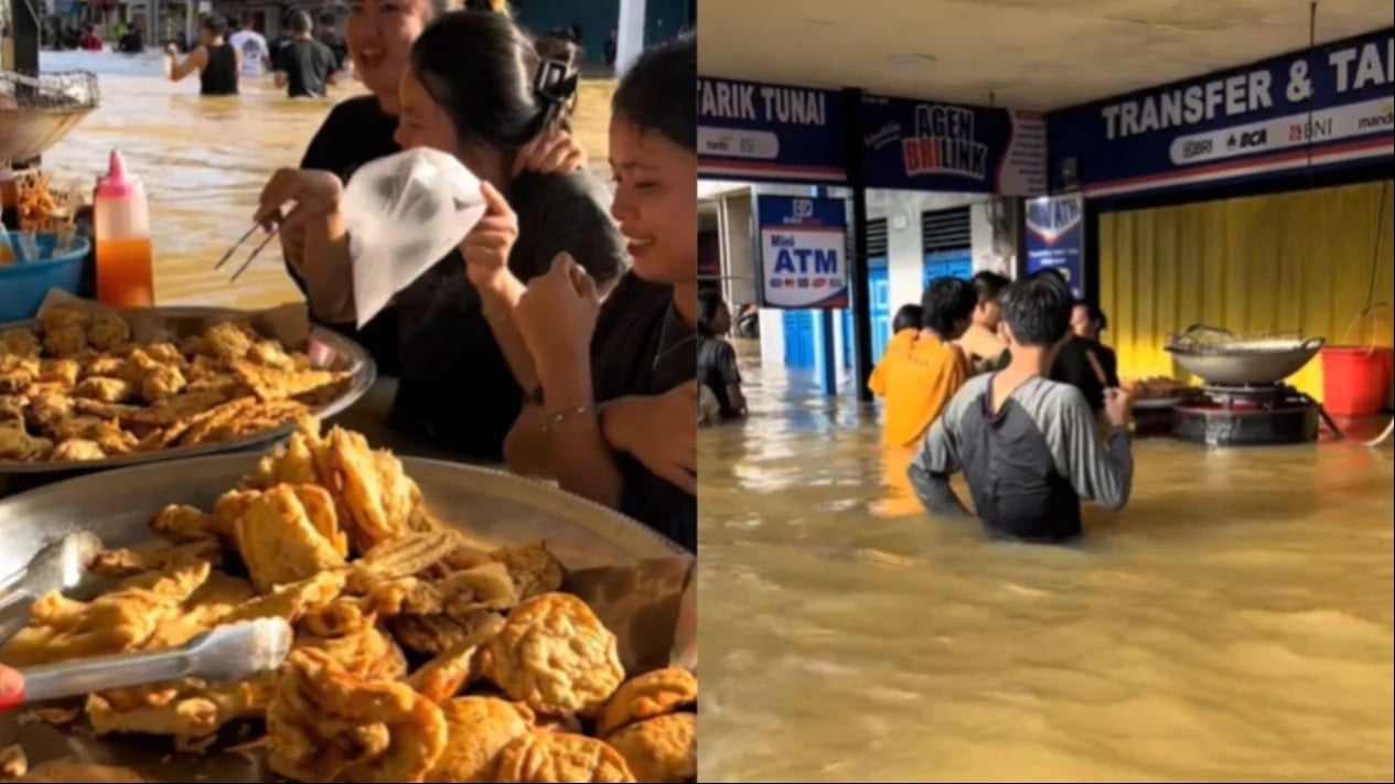 Potret penjual gorengan yang masih buka saat banjir.