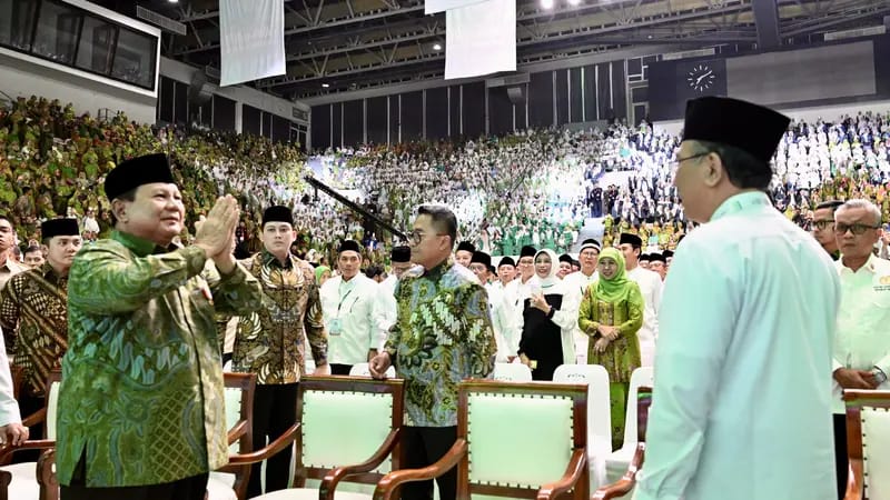 Prabowo saat menghadiri Hari Lahir ke-102 Nahdlatul Ulama di Istora Senayan, Jakarta.