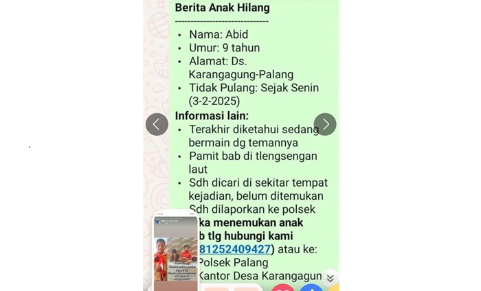 Pesan berantai Whatsapp yang menginformasikan anak hilang di Kecamatan Palang.