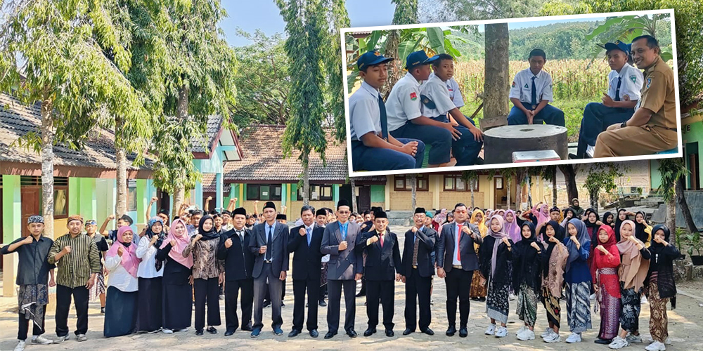Keluarga besar pendidik SMPN 3 Montong yang berkomitmen meningkatkan mutu pendidikan sekolah. Foto insert, Kepala SMPN 3 Montong Subekti Wahono, M.Pd membersamai pembelajaran.