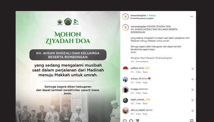 Tangkapan layar postingan permohonan doa untuk KH Ahsan Ghozali bersama keluarga dan rombongan yang terlibat dalam kecelakan bus saat perjalanan dari Madinah menuju Makkah.