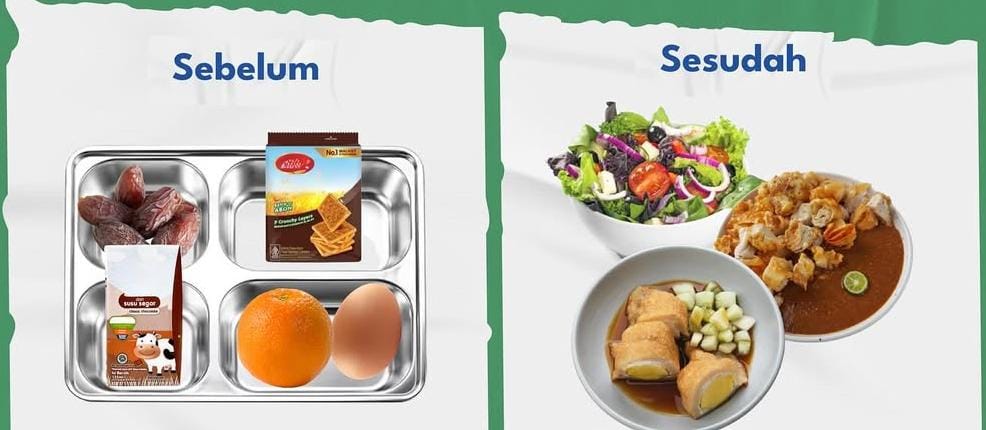 Ilustrasi makanan bergizi gratis sebelum dan sesudah.