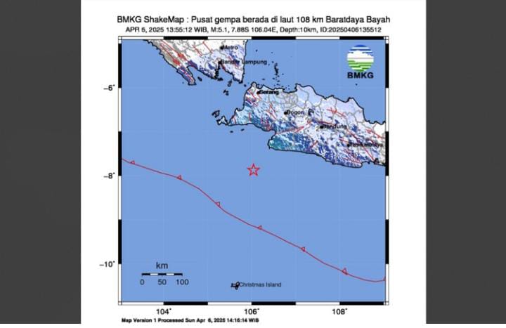Titik koordinat lokasi gempa di kawasan Sukabumi, Jawa Barat.