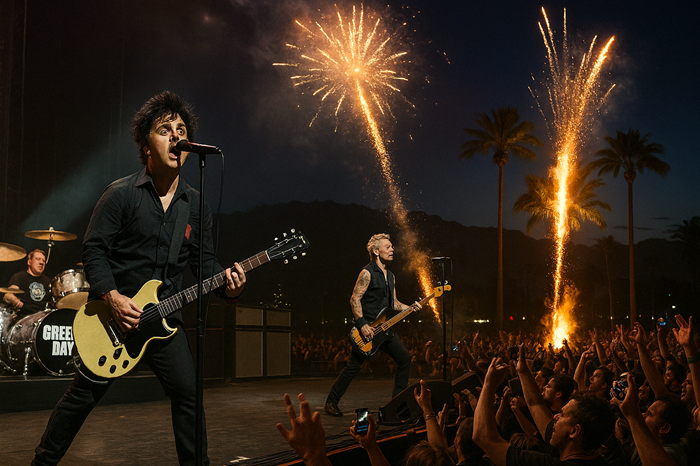 Greenday yang diganggu kembang api liar saat tampil di Coachella 2025.