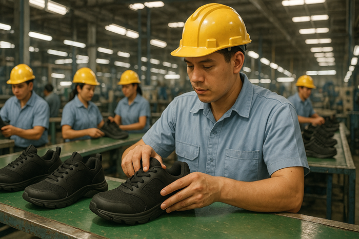 Gambaran suasana pekerja di pabrik sepatu.