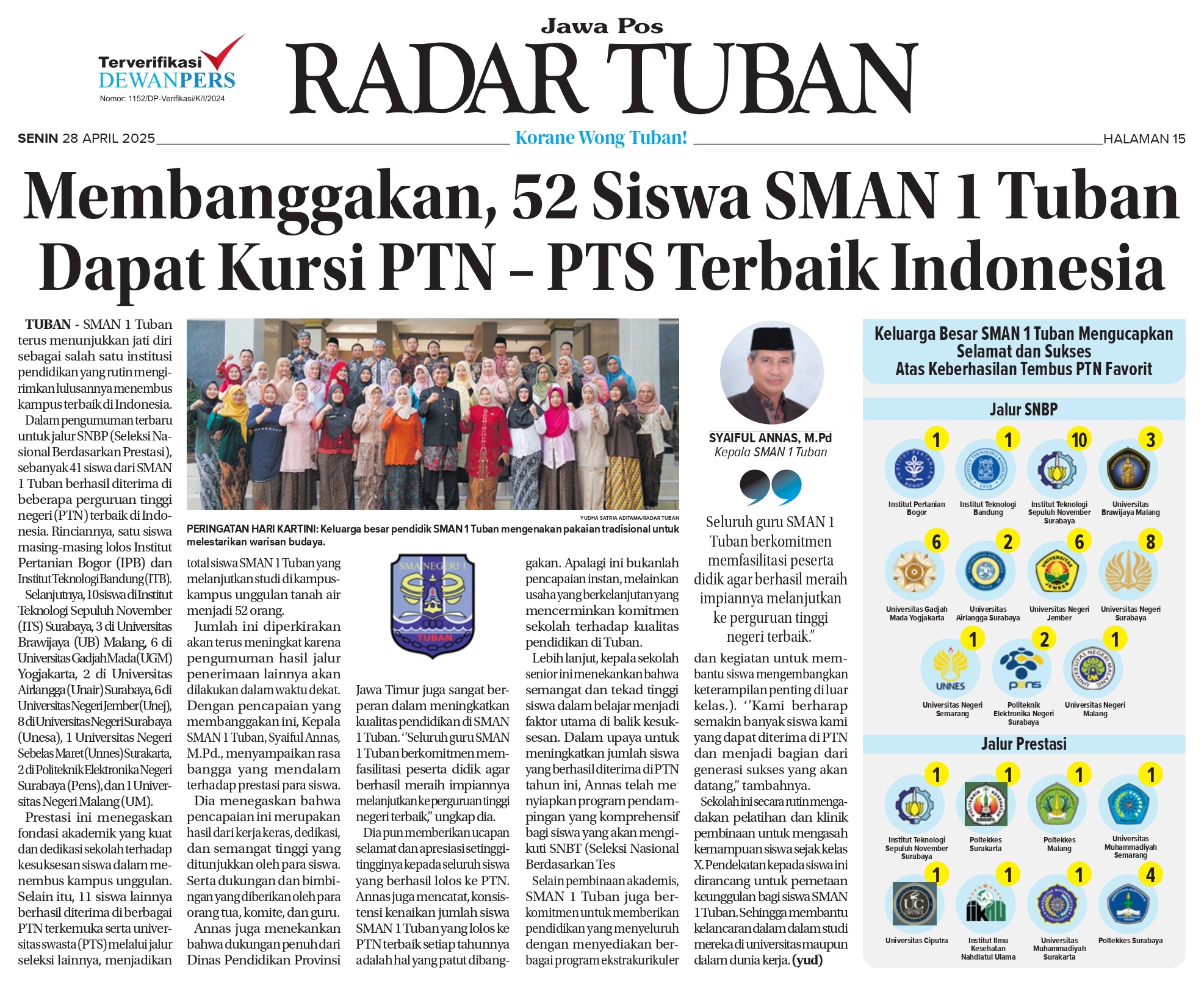 Membanggakan, 52 Siswa SMAN 1 Tuban Dapat Kursi PTN - PTS Terbaik Indonesia.