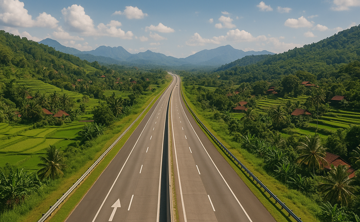 Ilustrasi Jalan Tol di Indonesia yang memiliki pemandangan indah.