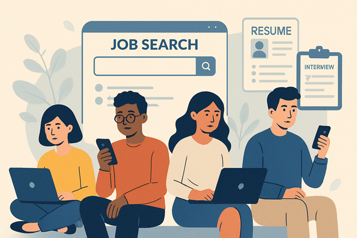 Ilustrasi lulusan sarjana yang mencari lowongan pekerjaan.