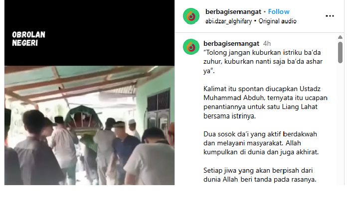 Kisah cinta sejati Ustadz Muhammad Abduh bersama sang istri yang diabadikan salah satu akun Instagram.