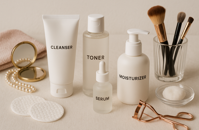 Ilustrasi paket lengkap skincare yang sering dipakai wanita.
