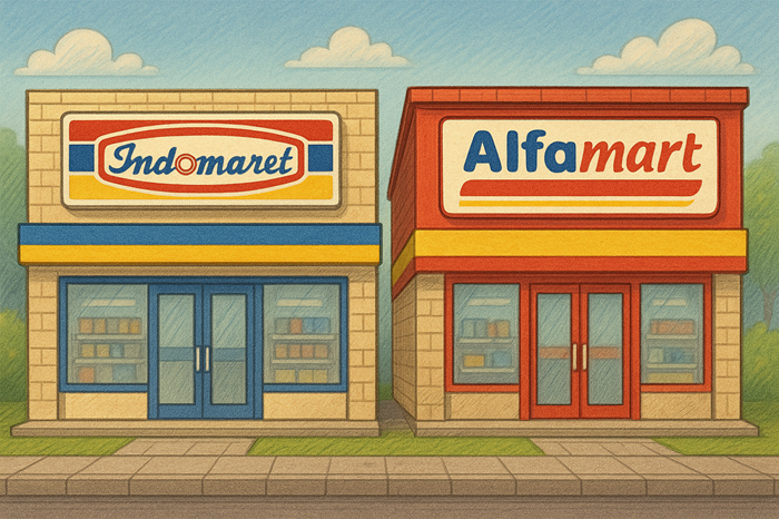 Ilustrasi gerai Indomaret dan Alfamart yang berdiri berdampingan