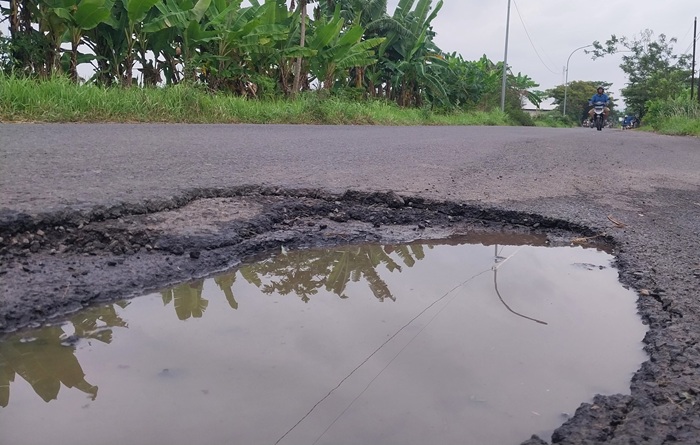 Kerusakan jalan cukup parah di jalan poros Kecamatan Merakurak-Jenu yang membutuhkan perbaikan segera.
