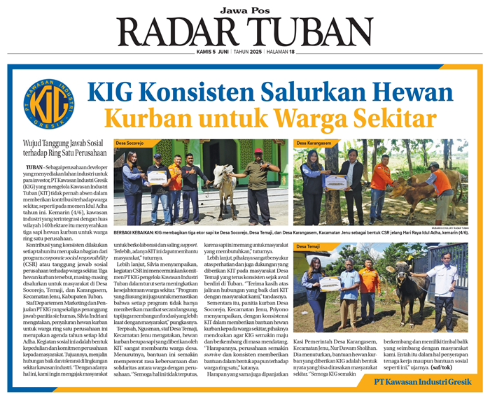 Sebagai bentuk kepedulian, PT KIG salurkan 3 sapi kurban ke Desa Socorejo, Temaji, dan Karangasem, Kecamatan Jenu, Tuban.