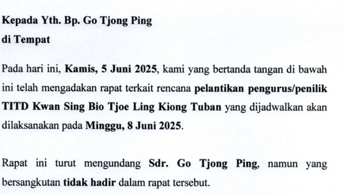 Surat keputusan pengelola TITD Kwan Sing Bio Tuban yang tidak menyetujui pemilihan pengurus dan penilik pada Minggu (8/6).