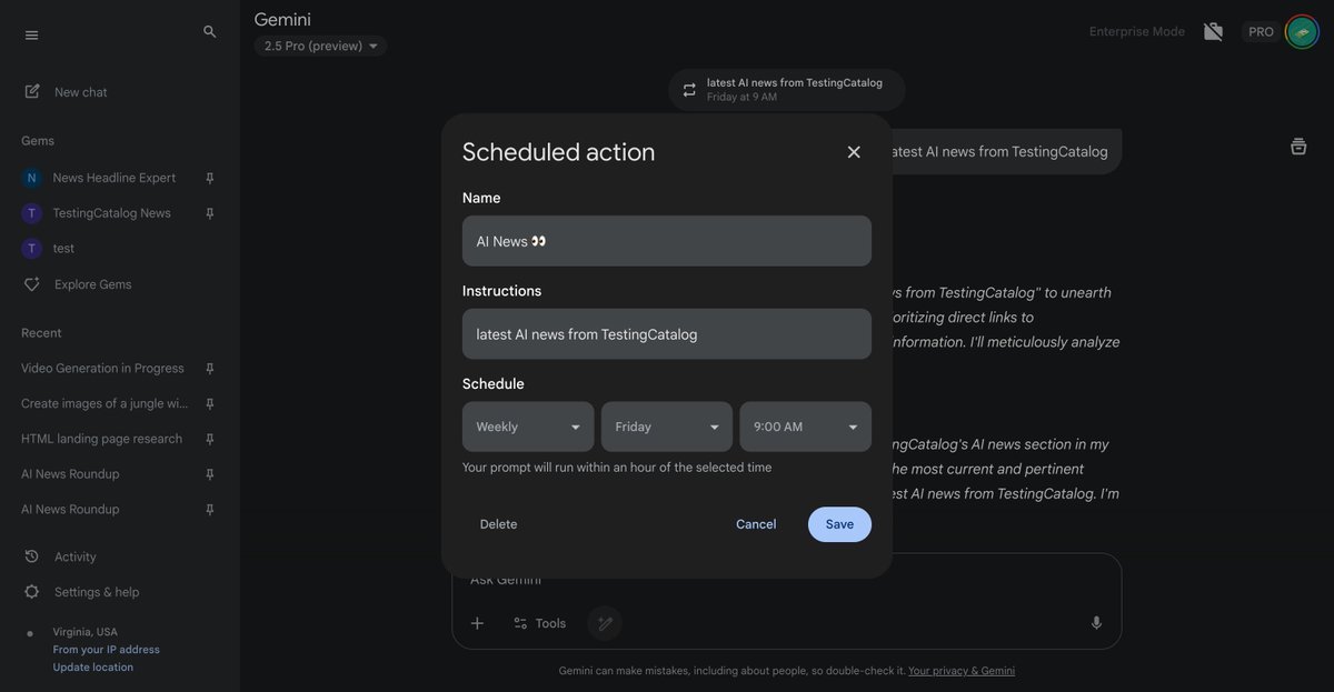 Tampilan schedule action pada Gemini.