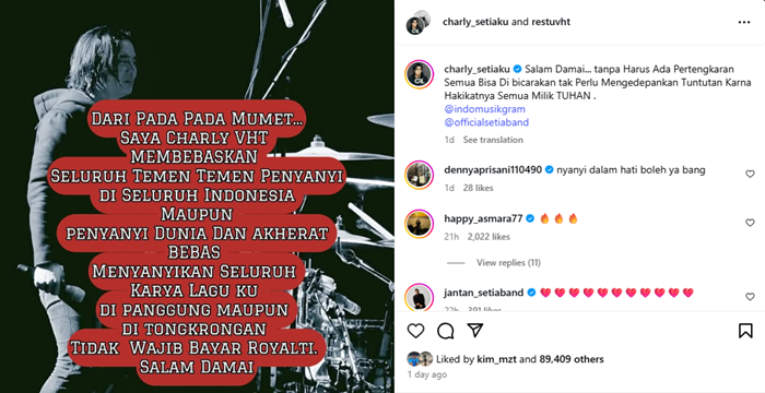 Lewat unggahan media sosial, Charly Van Houten gratiskan royalti seluruh lagunya untuk penyanyi di dalam dan luar negeri.