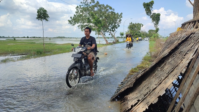 Pengendara sepeda motor tampak berhati-hati melintasi jalan antarkecamatan Desa Plandirejo, Kecamatan Plumpang yang masih terendam banjir.