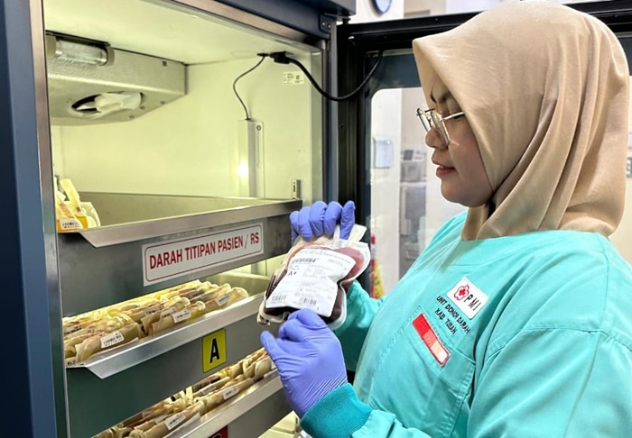 Salah satu petugas di UDD PMI saat melakukan pengecekan stok kantong darah, kemarin.