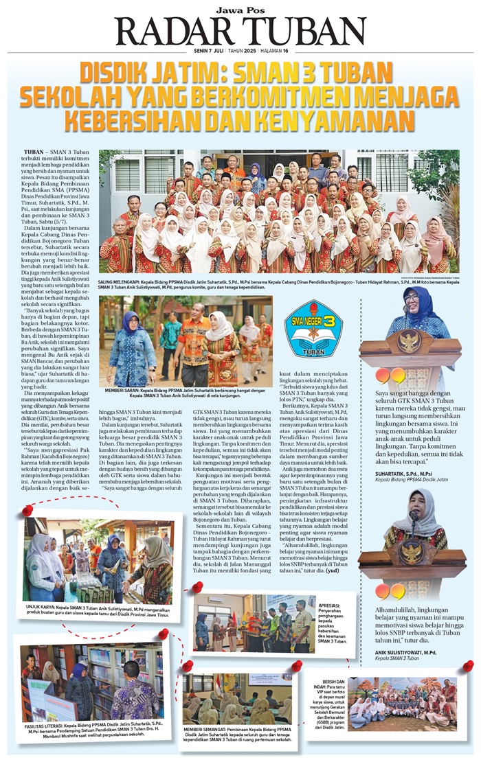 Dokumentasi kunjungan dan pembinaan Kabid PPSMA Disdik Jawa Timur di SMAN 3 Tuban.