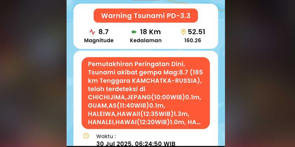 Tangkapan layar peringatan dini Tsunami akibat gempa Rusia.