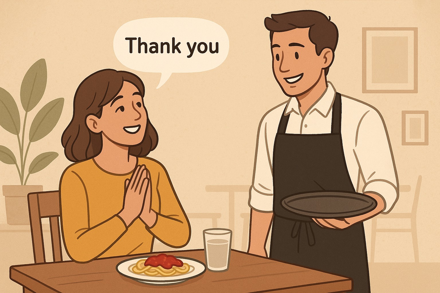 lustrasi wanita berterimakasih ke pelayan cafe.