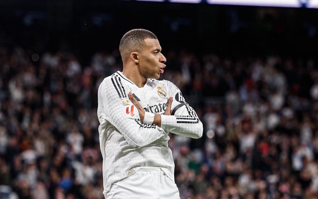 Selebrasi gol yang dilakukan Kylian Mbappe bersama Real Madrid.