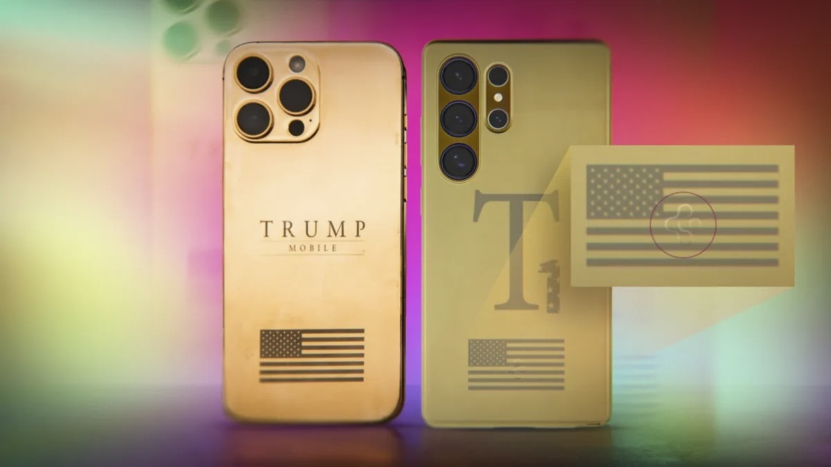 Dua desain ponsel Trump Mobile yang membingungkan publik.
