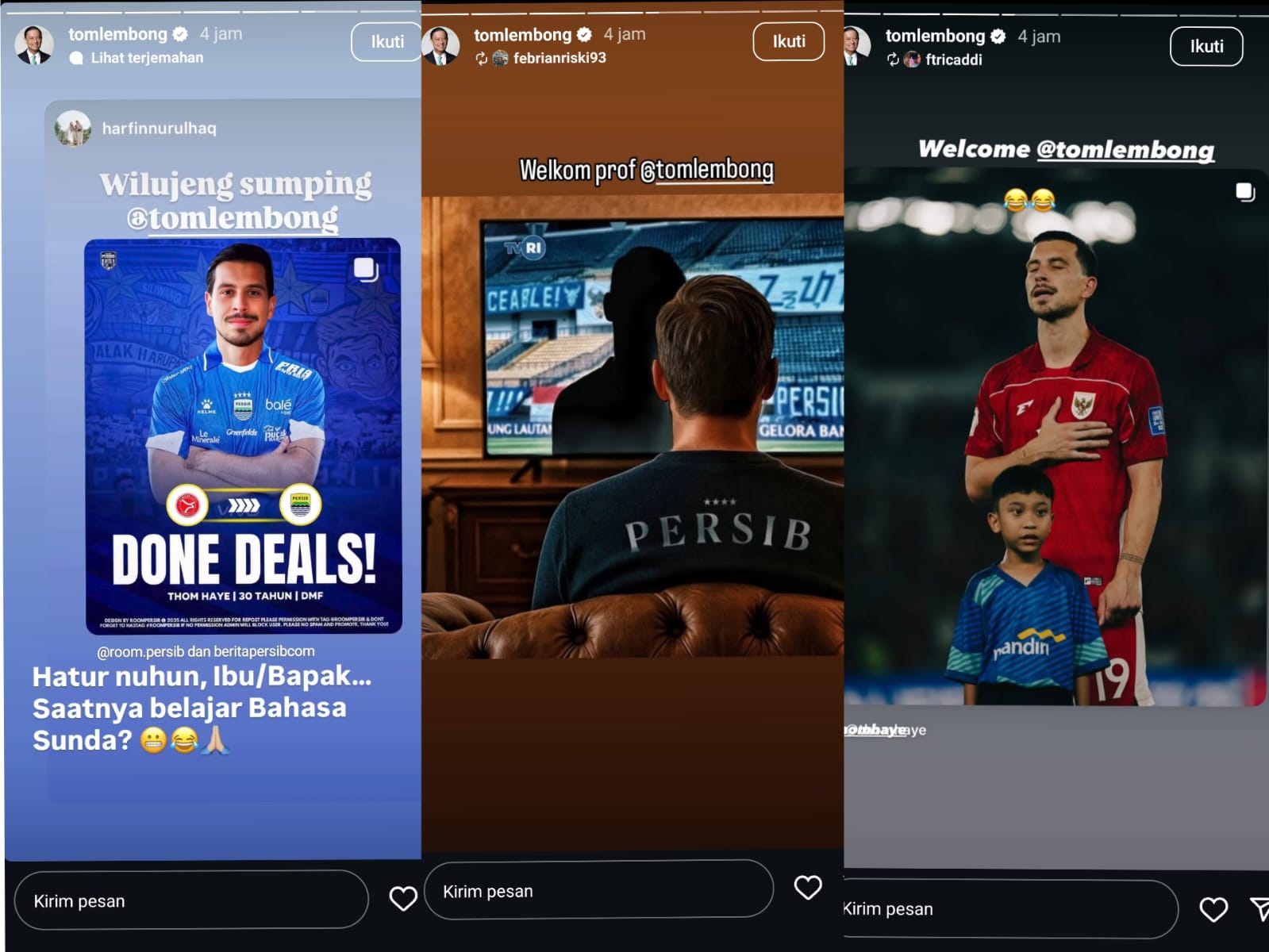 Tangkapan layar beberapa repost story @tomlembong di Instagram.