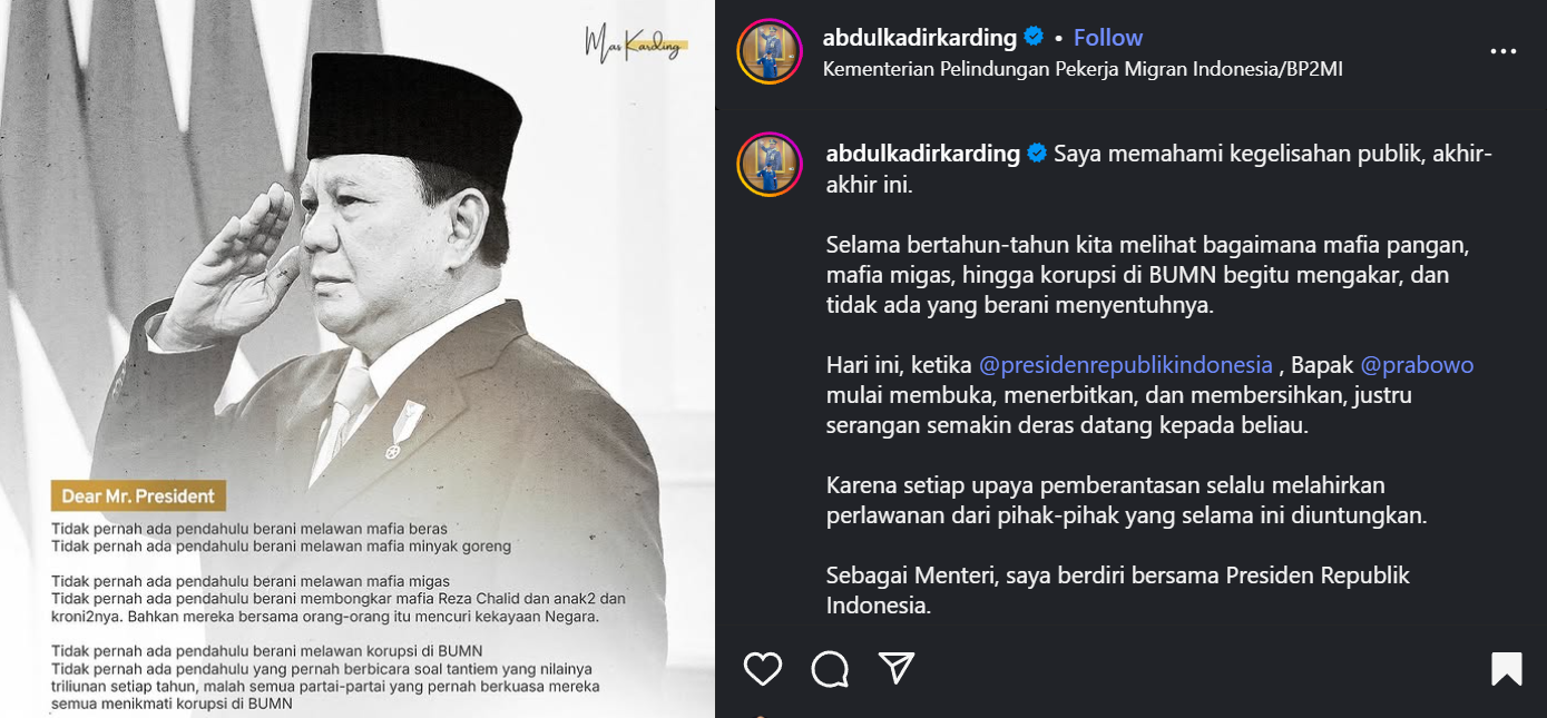 Dukungan Abdul Kadir Karding untuk presiden Prabowo Subianto