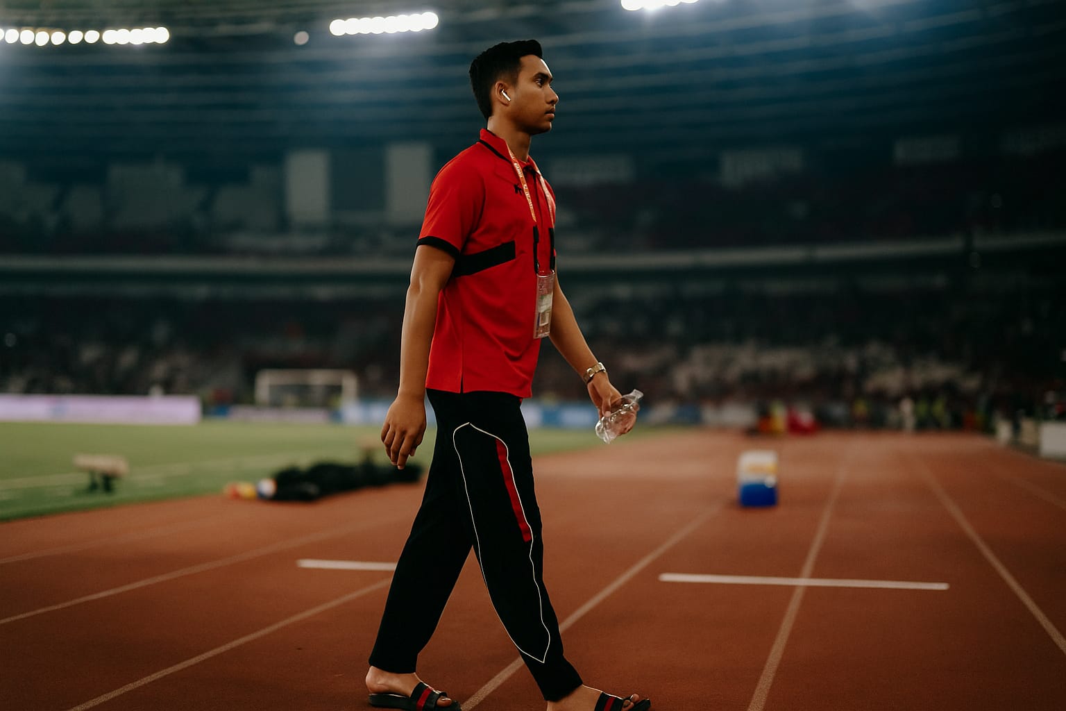 Pemain Timnas Indonesia Rizky Ridho sesaat sebelum pemanasan dimulai.