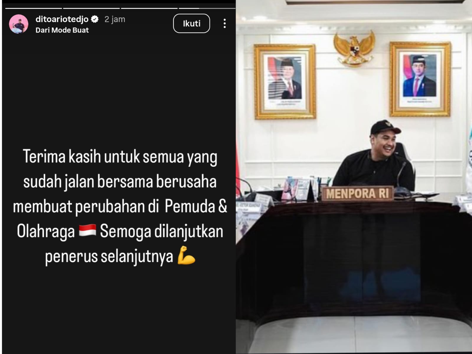 Unggahan perpisahan dari Dito Ariotedjo Pasca Reshuffle kabinet presiden Prabowo.
