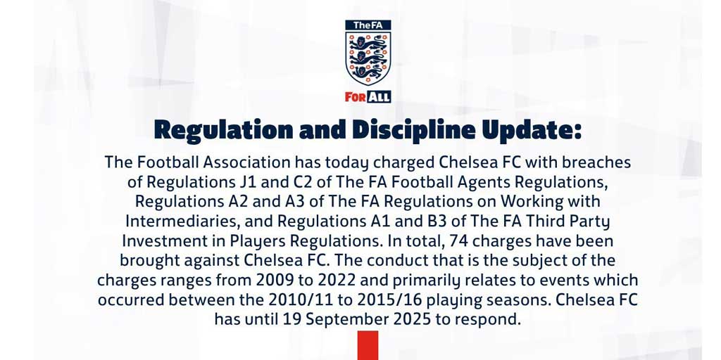 Tangkapan layar dakwaan 74 pelanggaran aturan agen terhadap Chelsea oleh Federasi Sepak Bola Inggris (FA).