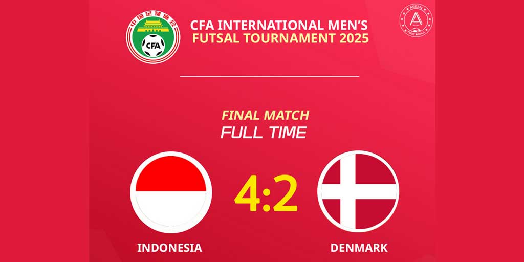 Timnas Futsal Indonesia mengalahkan Denmark 4:2 di final CFA International Futsal Tournament 2025 yang digelar di Shijiazhuang, Tiongkok.