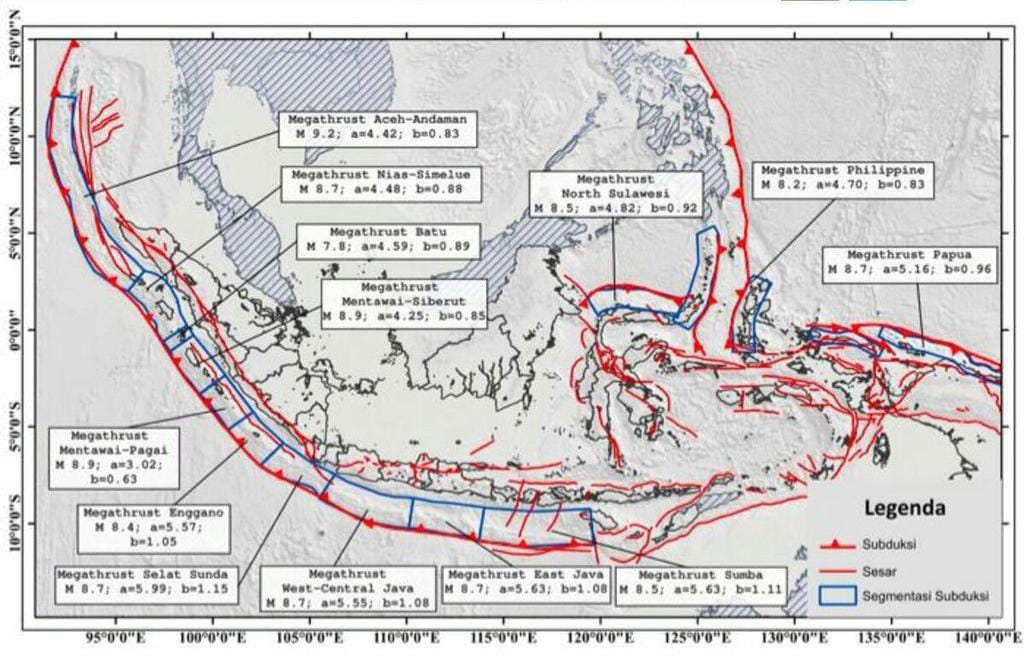 Peta letak Megathrust yang ada di Indonesia