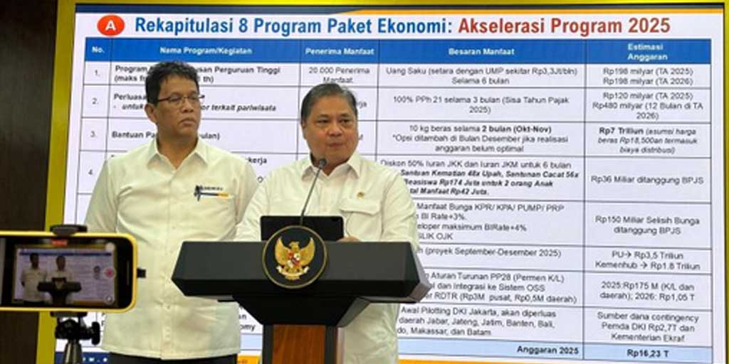 Menteri Koordinator bidang Perekonomian Airlangga Hartarto (kanan) dan Menkeu Purbaya Yudhi Sadewa (kiri) memberikan keterangan pers di Kantor Presiden, Istana Kepresidenan Jakarta, Senin (15/9).