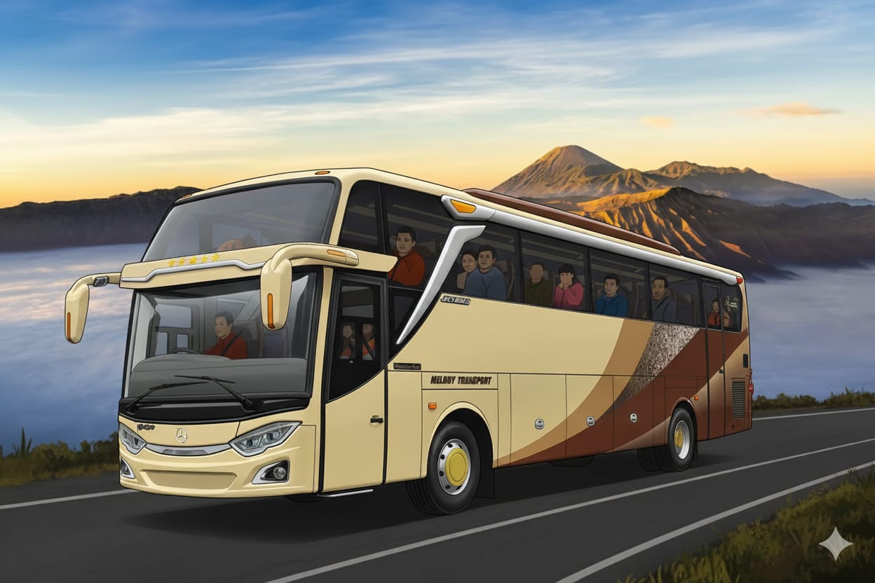 Ilustrasi perjalanan wisata ke daerah pegunungan menggunakan bus.