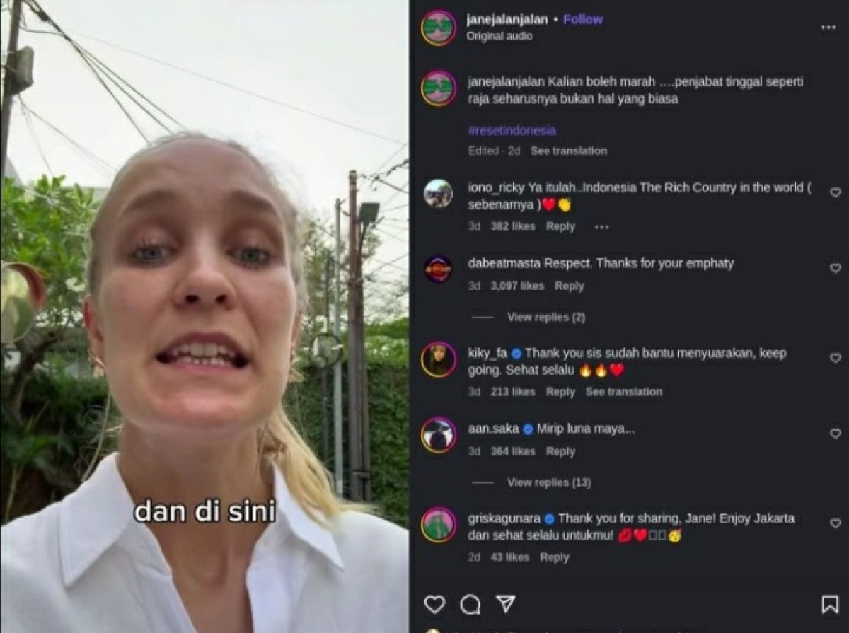 Tangkapan layar unggahan bule perempuan Jerman yang ungkap gaya hidup mewah pejabat tinggi Indonesia, di kawasan Kemang, Jakarta Selatan.