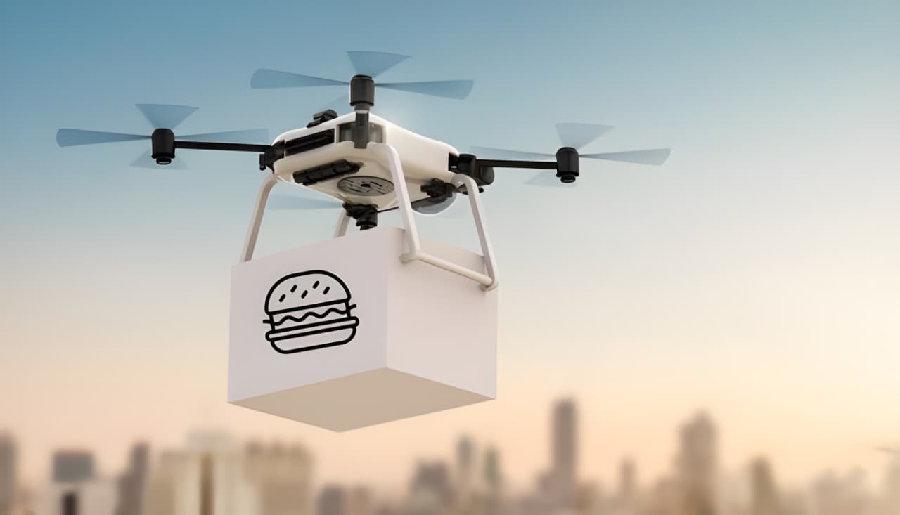 lustrasi digunakannya drone untuk mengirimkan makanan.