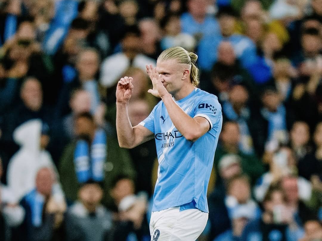 Erling Haaland usai cetak gol ke gawang Napoli dalam lanjutan Liga Champions di Etihad Stadium.
